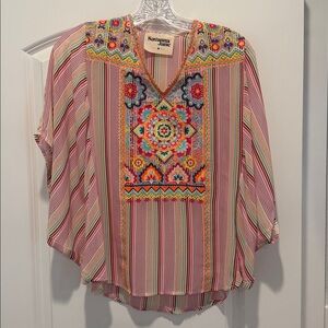 Savannah Jane Pink Multicolor Embroidered Boho V-Neck Blouse